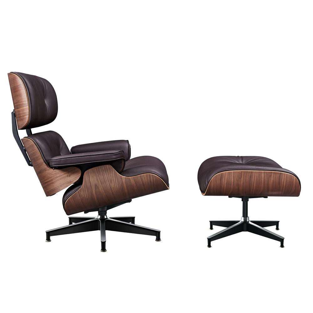 TALL Midcentury Lounge Chair & Ottoman - Dark Brown Leather, Walnut Wood