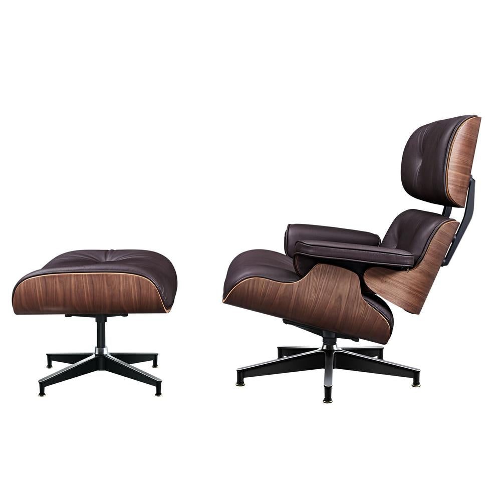 TALL Midcentury Lounge Chair & Ottoman - Dark Brown Leather, Walnut Wood