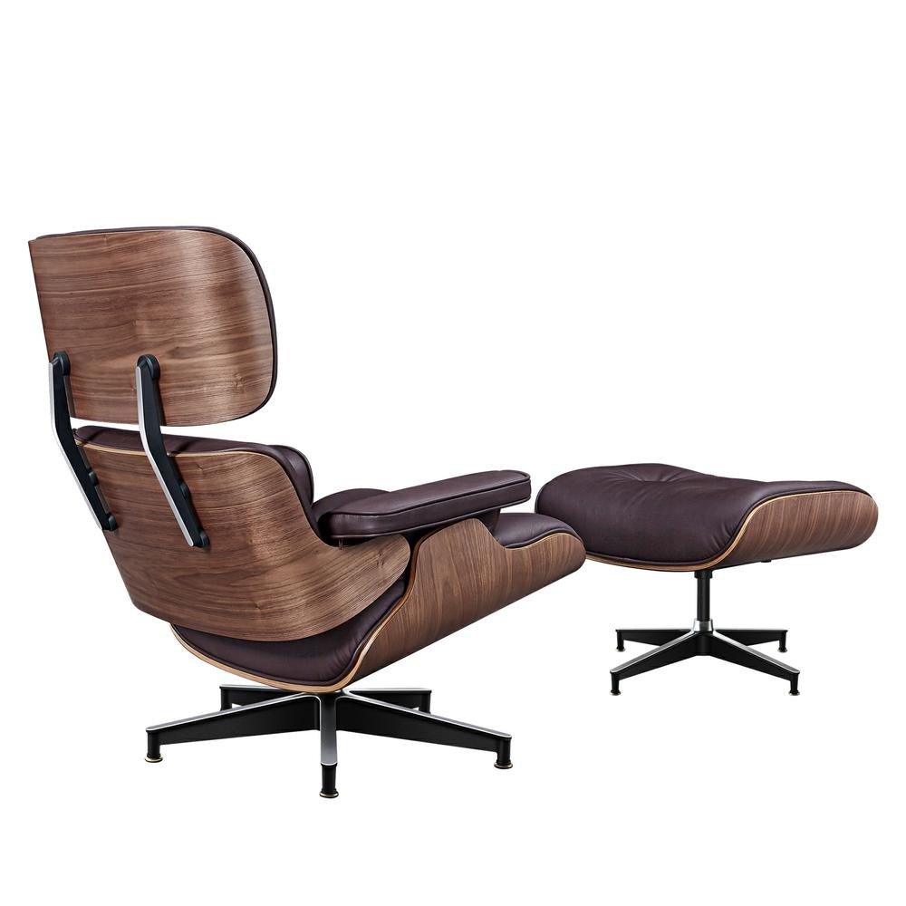 TALL Midcentury Lounge Chair & Ottoman - Dark Brown Leather, Walnut Wood