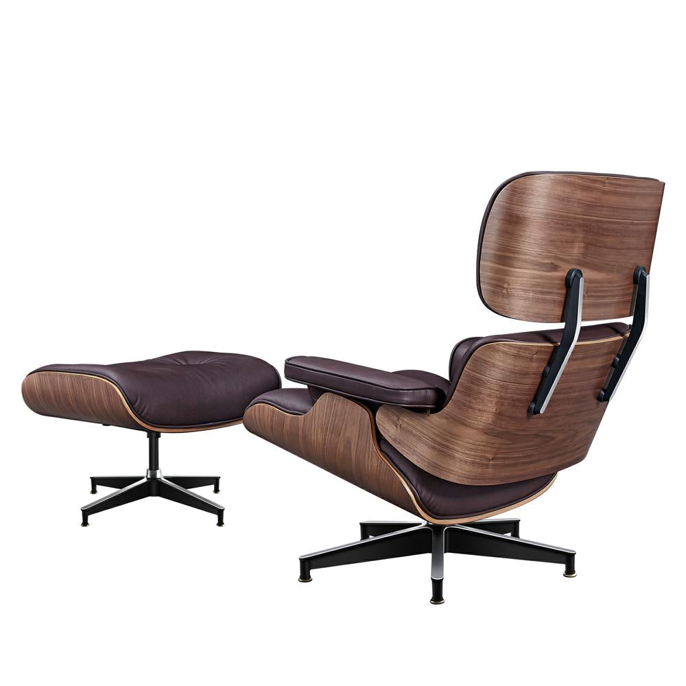 TALL Midcentury Lounge Chair & Ottoman - Dark Brown Leather, Walnut Wood
