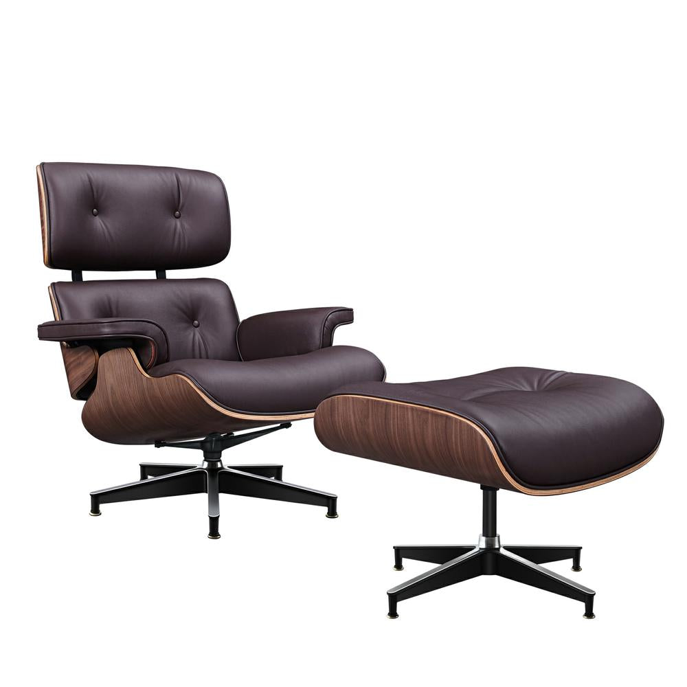 TALL Midcentury Lounge Chair & Ottoman - Dark Brown Leather, Walnut Wood