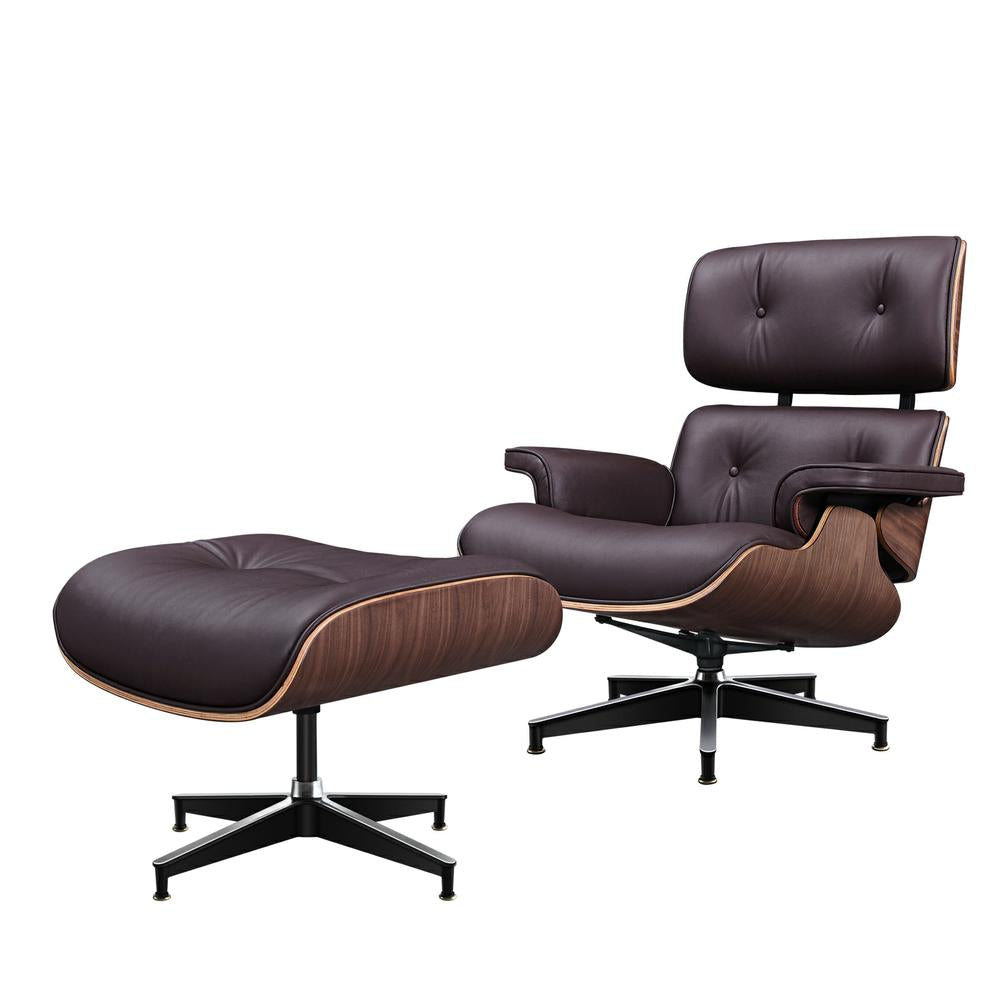 TALL Midcentury Lounge Chair & Ottoman - Dark Brown Leather, Walnut Wood
