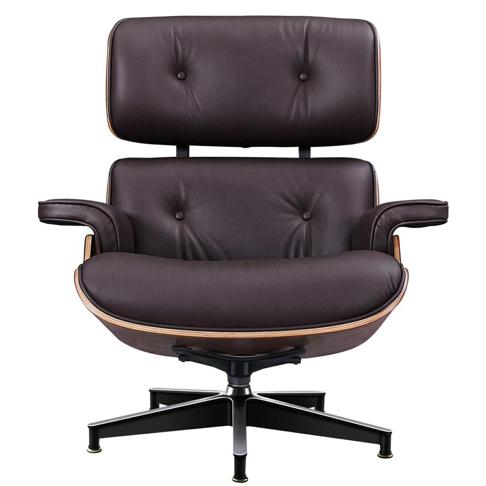 TALL Midcentury Lounge Chair & Ottoman - Dark Brown Leather, Walnut Wood