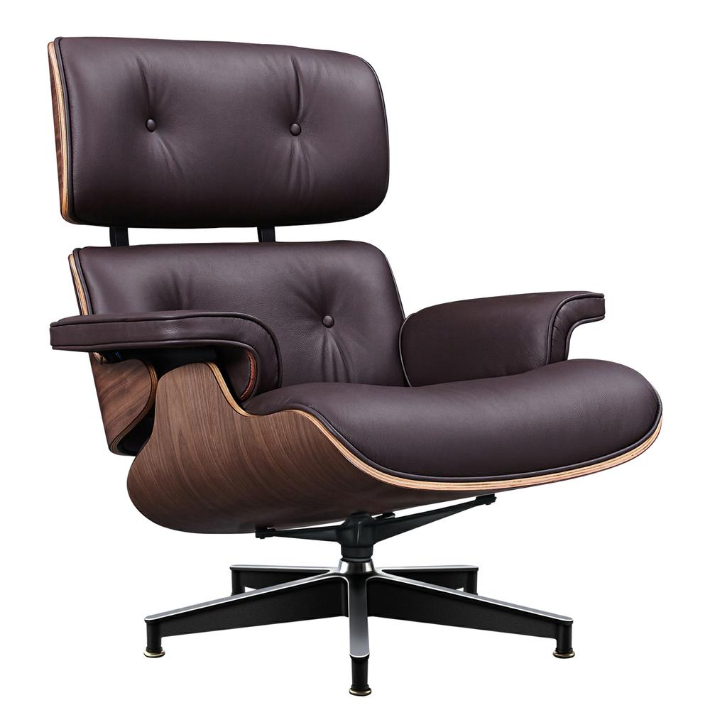 TALL Midcentury Lounge Chair & Ottoman - Dark Brown Leather, Walnut Wood