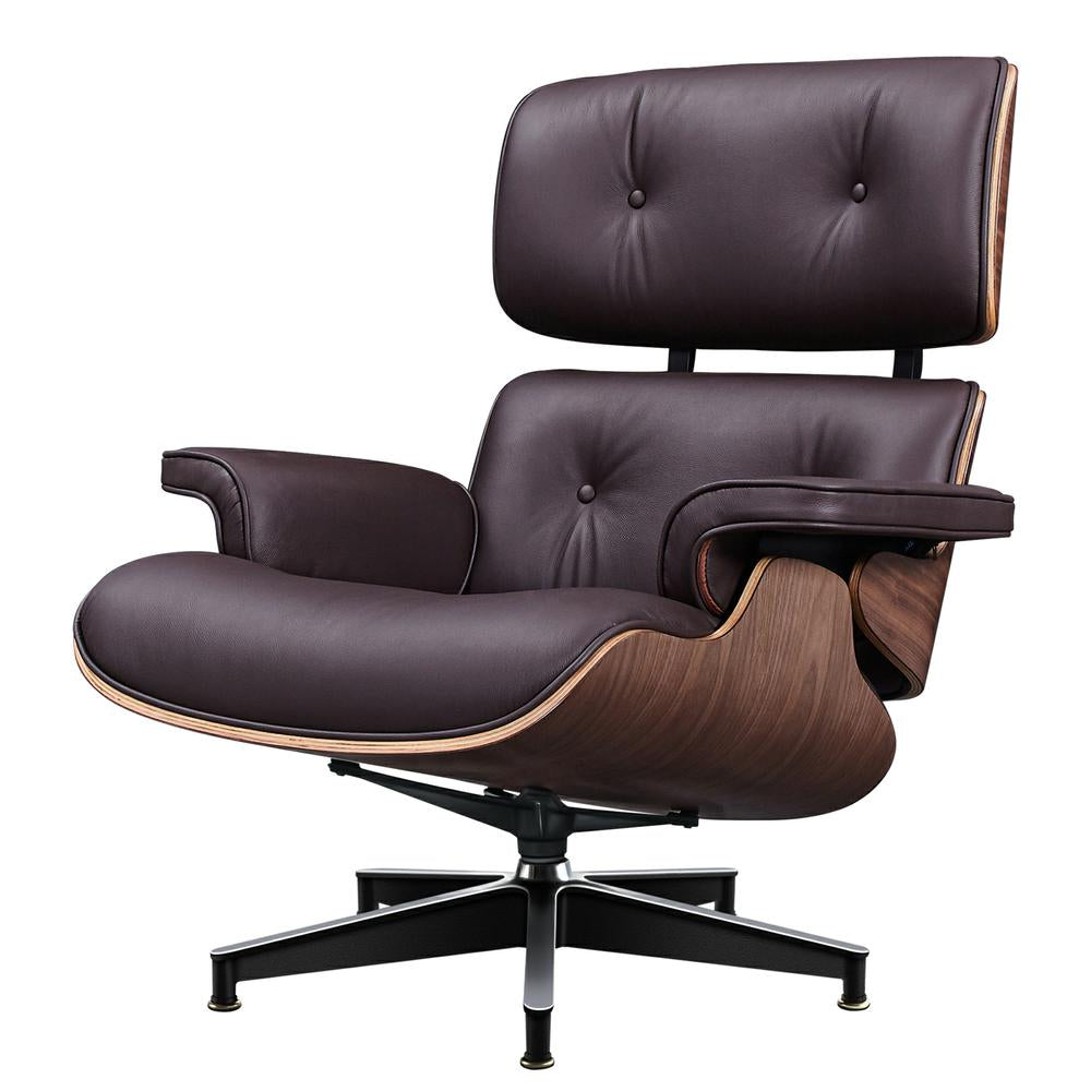 TALL Midcentury Lounge Chair & Ottoman - Dark Brown Leather, Walnut Wood