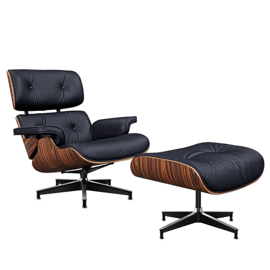 TALL Midcentury Lounge Chair & Ottoman - Black Leather, Palisander Wood