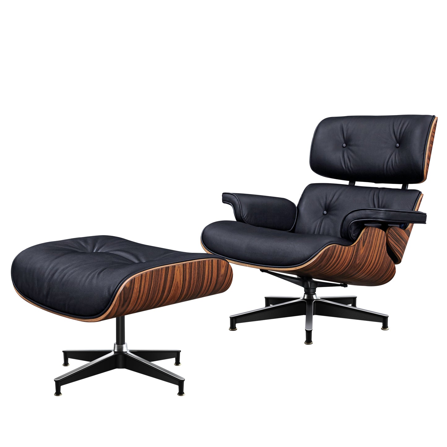 TALL Midcentury Lounge Chair & Ottoman - Black Leather, Palisander Wood