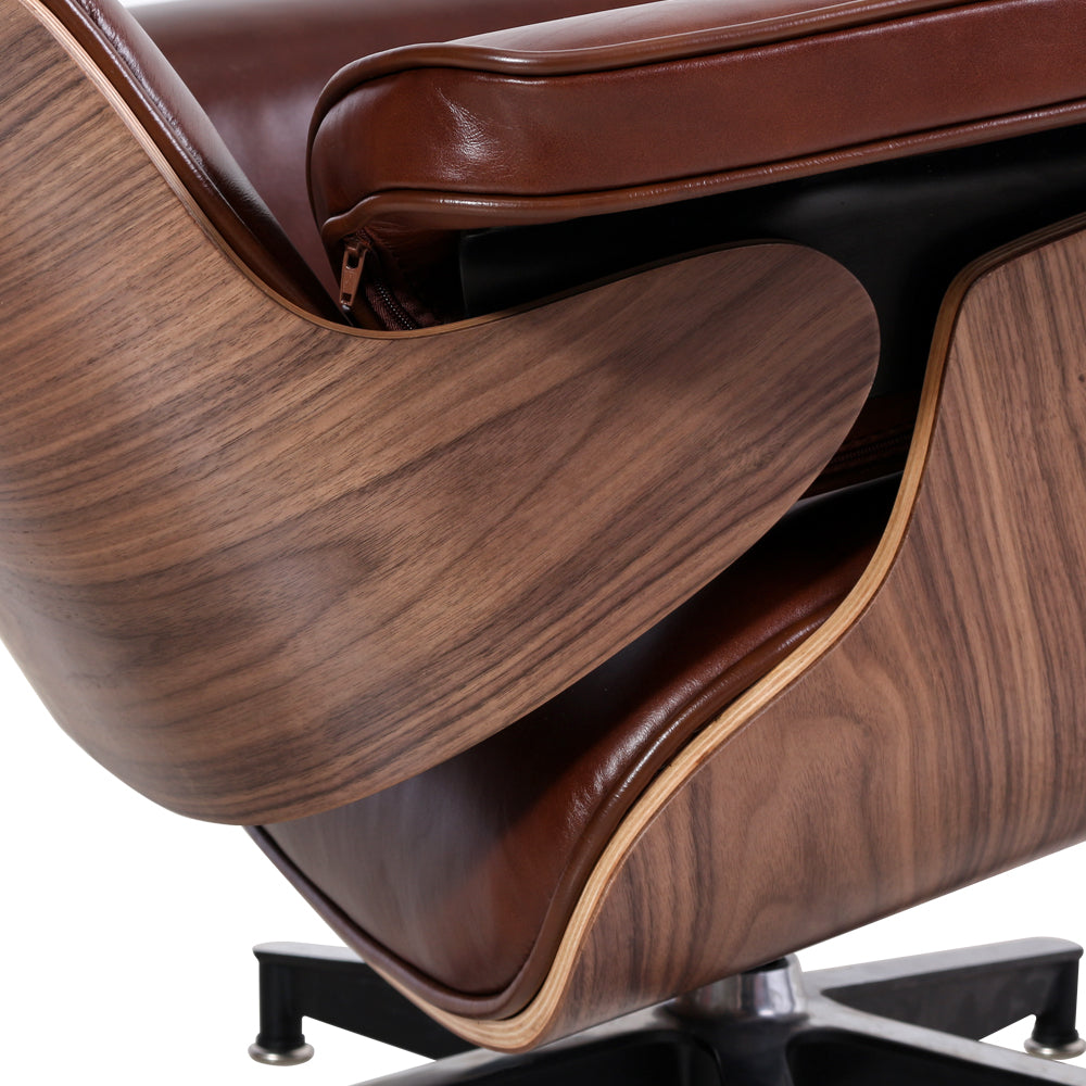 TALL Midcentury Lounge Chair & Ottoman - Retro Brown Aniline Leather, Walnut Wood
