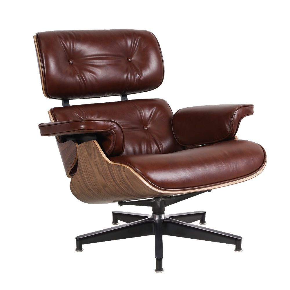 TALL Midcentury Lounge Chair & Ottoman - Retro Brown Aniline Leather, Walnut Wood