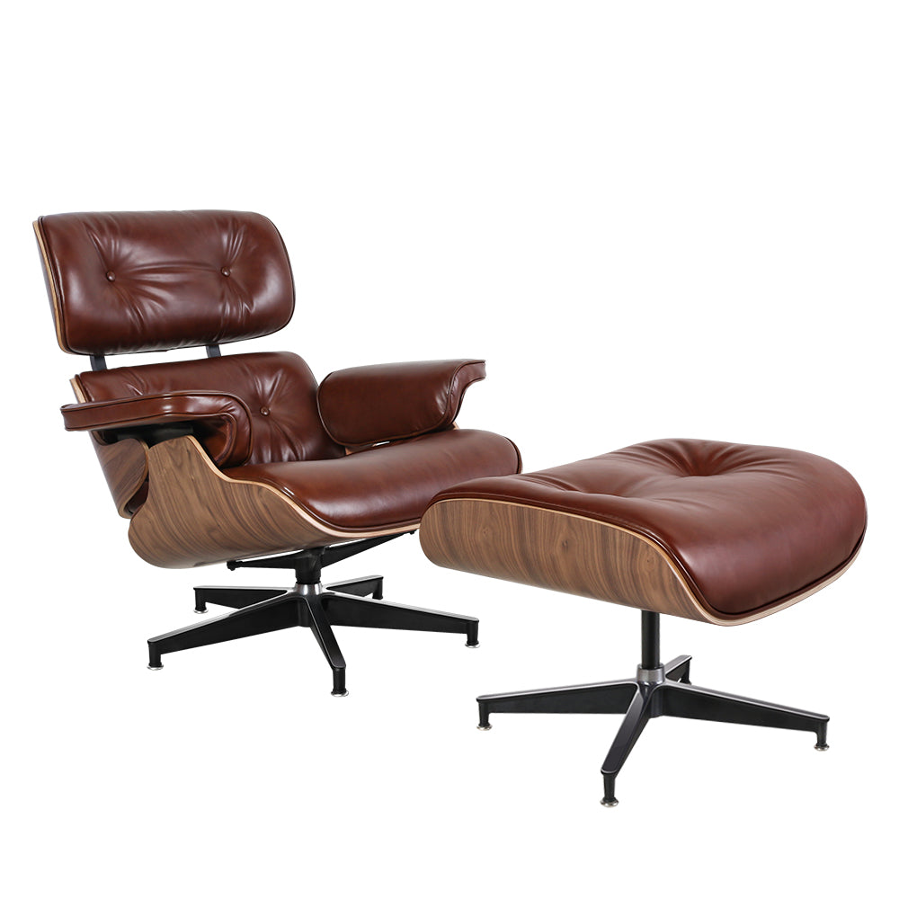 TALL Midcentury Lounge Chair & Ottoman - Retro Brown Aniline Leather, Walnut Wood