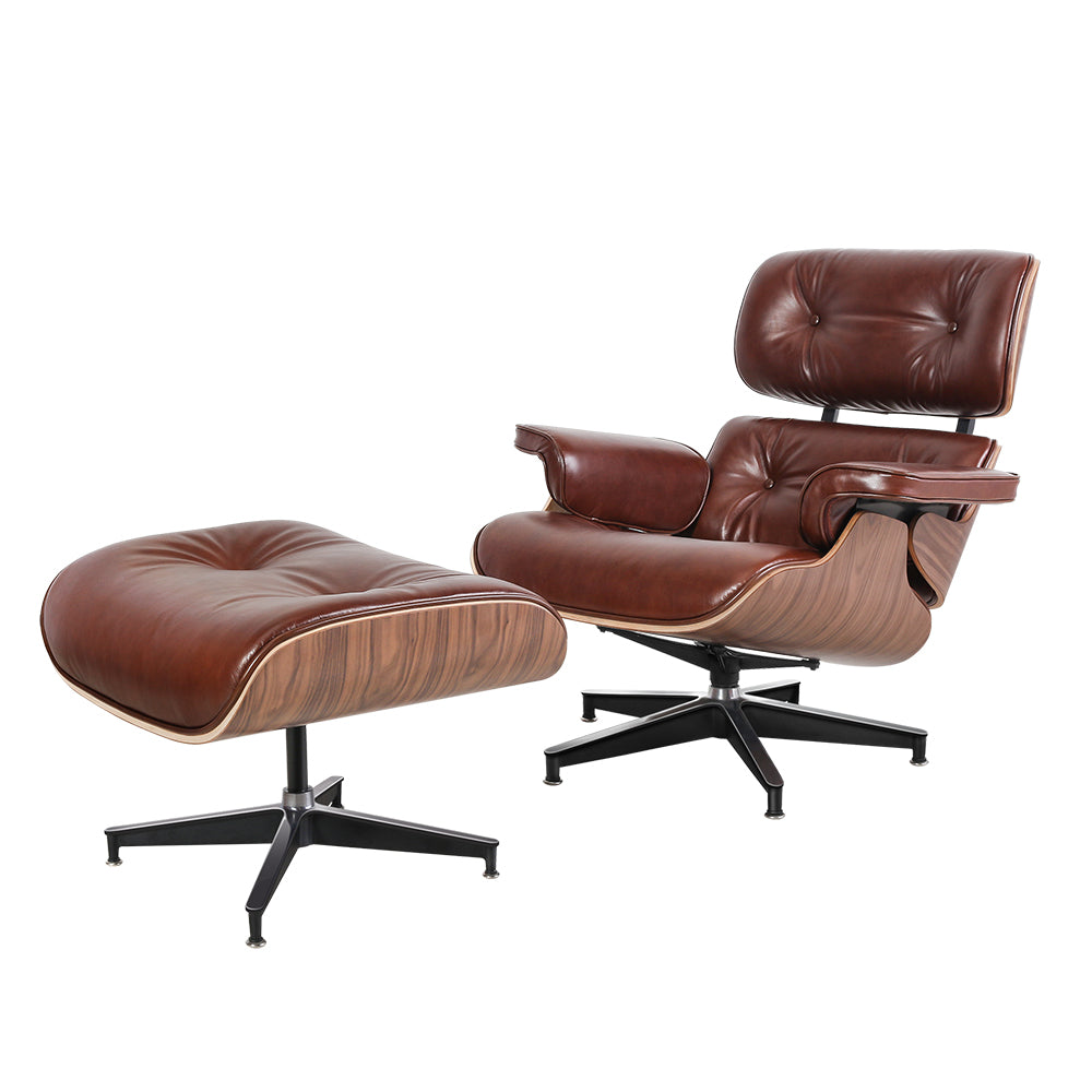 TALL Midcentury Lounge Chair & Ottoman - Retro Brown Aniline Leather, Walnut Wood
