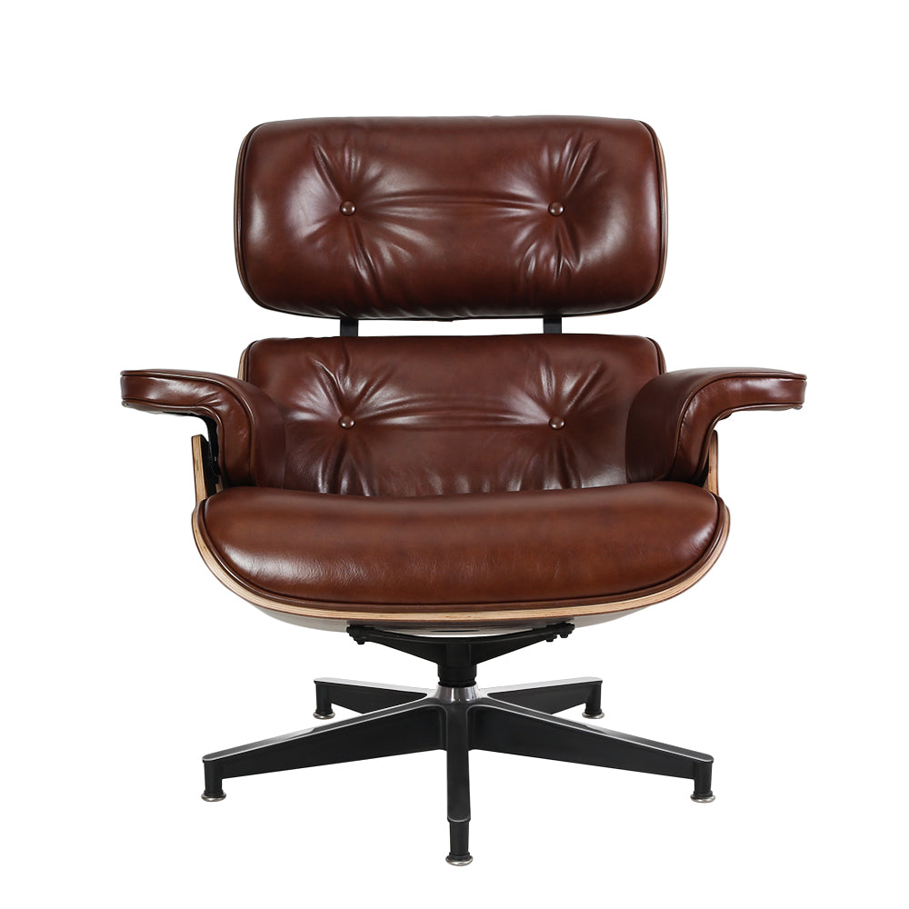 TALL Midcentury Lounge Chair & Ottoman - Retro Brown Aniline Leather, Walnut Wood