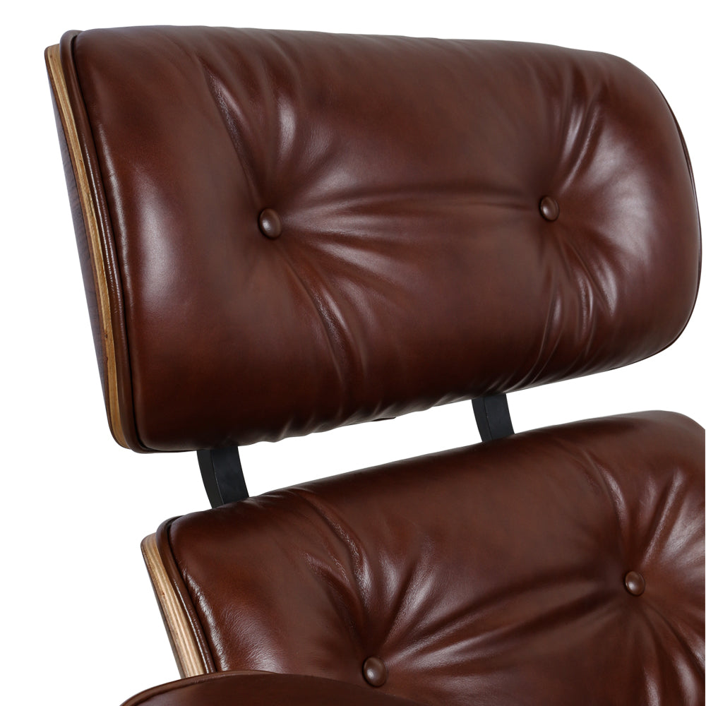 TALL Midcentury Lounge Chair & Ottoman - Retro Brown Aniline Leather, Walnut Wood