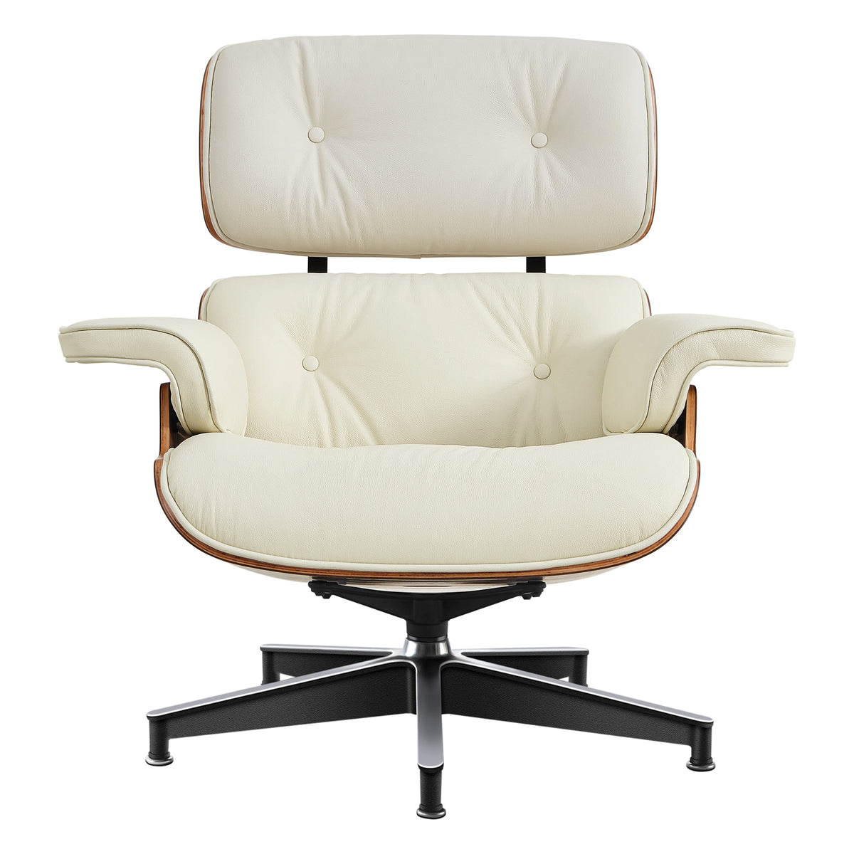 Midcentury Lounge Chair & Ottoman - Beige Leather, Walnut Wood