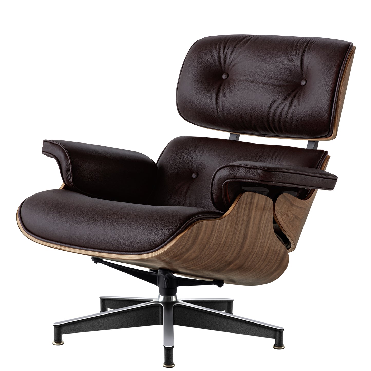 Midcentury Lounge Chair & Ottoman - Brown Leather, Walnut Wood