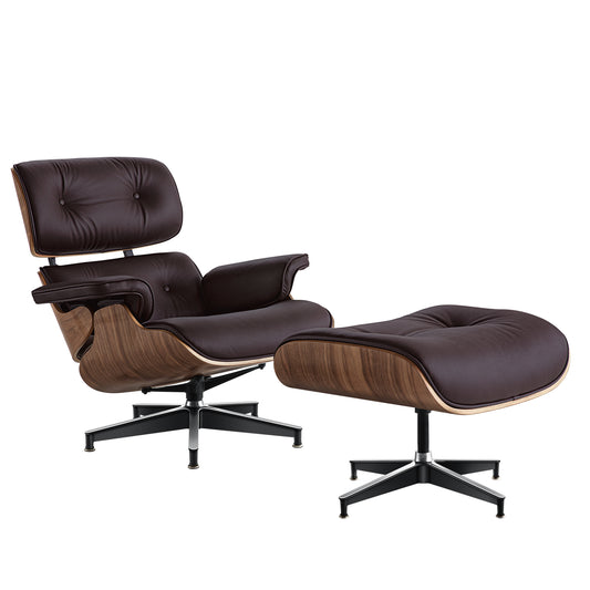 Midcentury Lounge Chair & Ottoman - Brown Leather, Walnut Wood